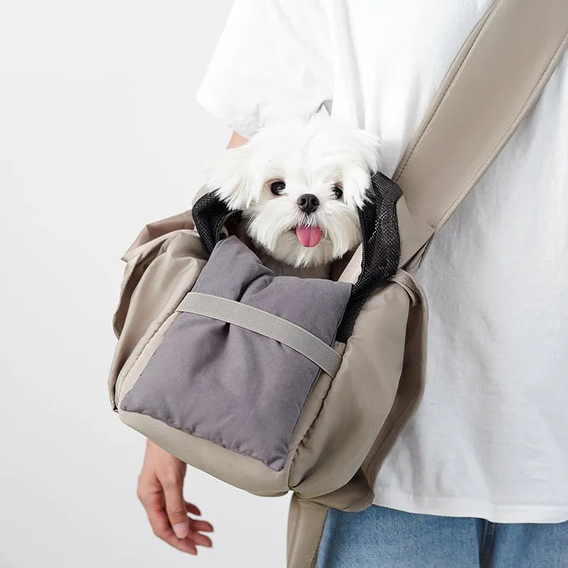Apricot coloured cloth pet handbag for small dog transportation with 41x16x28 cm dimensions