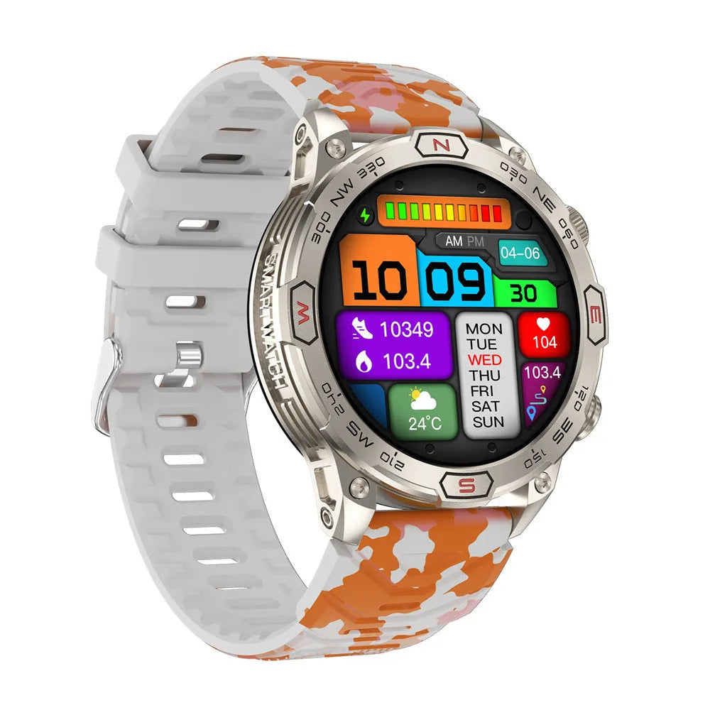 Smart sports watch with AMOLED screen displaying fitness metrics on silicone strap