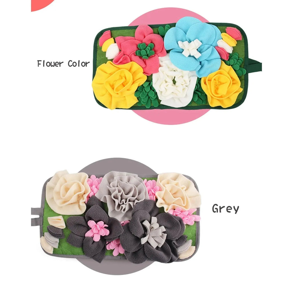 Gray square foraging mat for rabbits and guinea pigs with fabric loops for hiding treats
