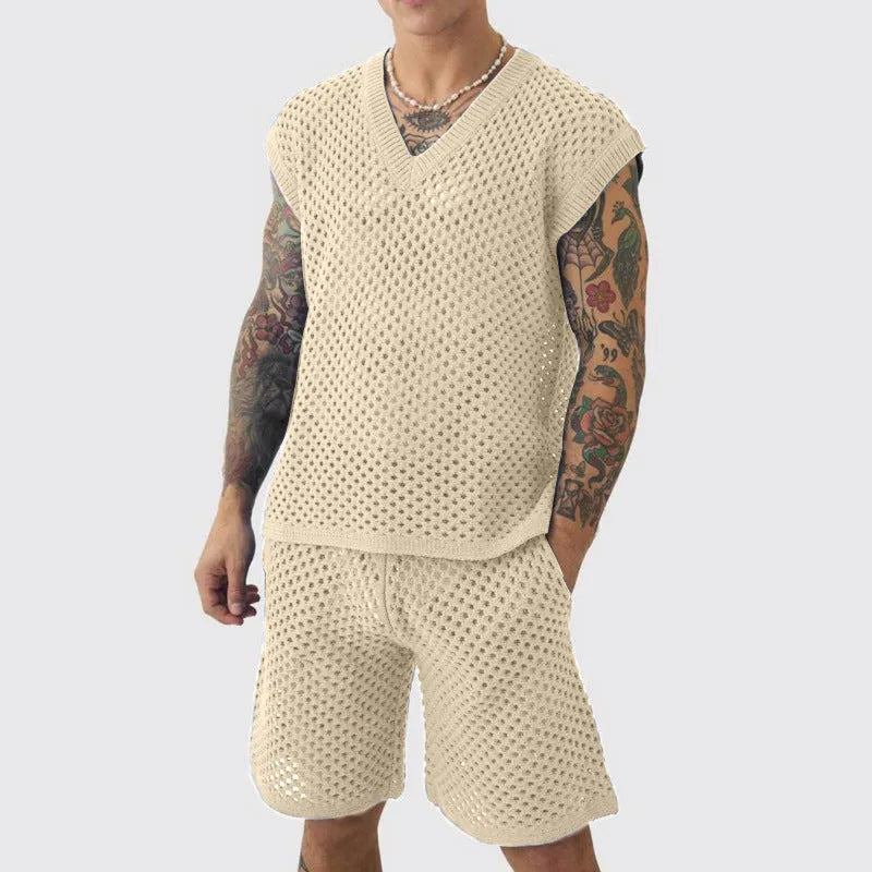 Men's blue V-neck sleeveless vest and matching shorts summer sports set on hanger