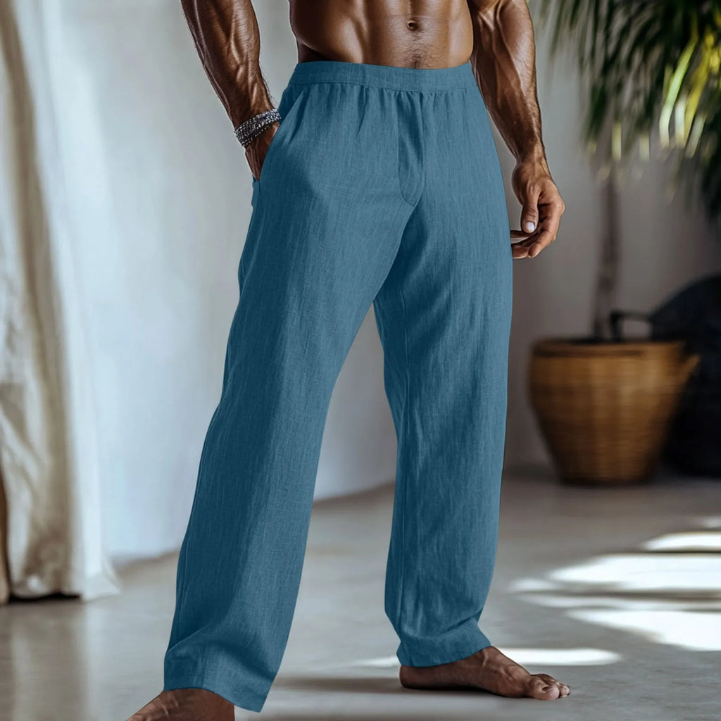 Cotton and linen straight-leg trousers in British style with side pockets available in multiple colours
