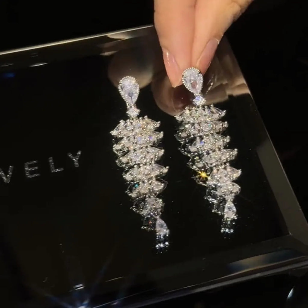 Silver pagoda Christmas tree drop earrings with zircon stones and stud fittings