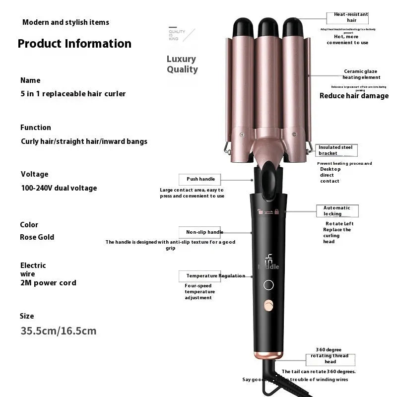 Rose gold five-in-one tube replacement hair curler with LCD screen and international voltage compatibility