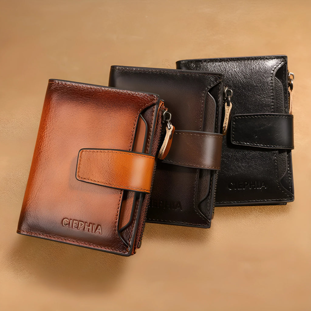Men's genuine leather wallet in brown with retro stitching, zippered coin purse, and two-fold design