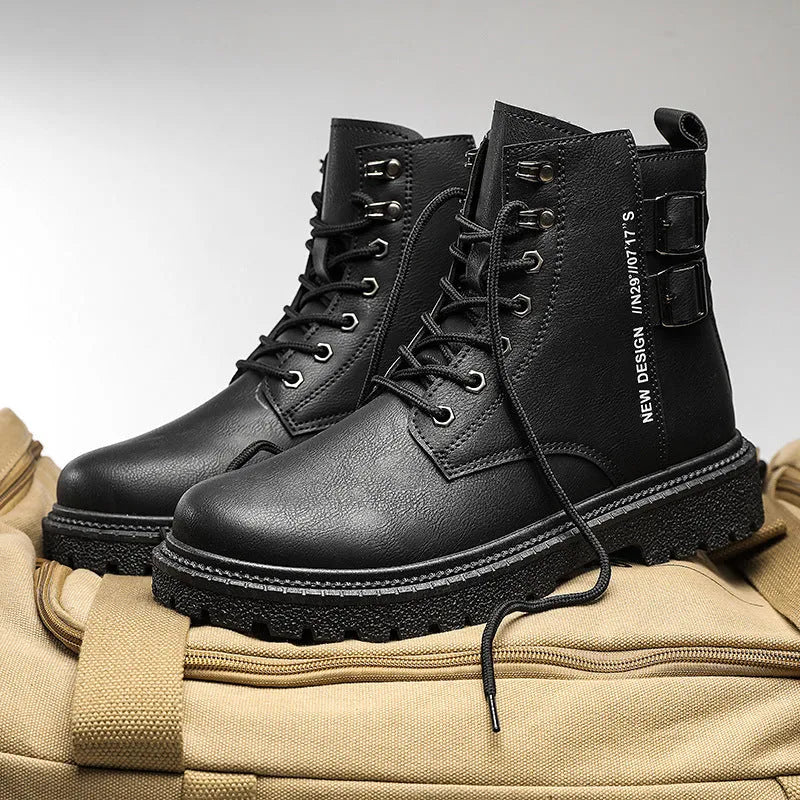 High-top winter boots in black with thick bottom, front lace-up, PU upper, rubber sole, and leather-stitch detailing