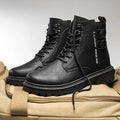 High-top winter boots in black with thick bottom, front lace-up, PU upper, rubber sole, and leather-stitch detailing