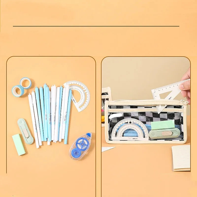 Transparent PVC pencil case with chessboard pattern showing writing instruments inside
