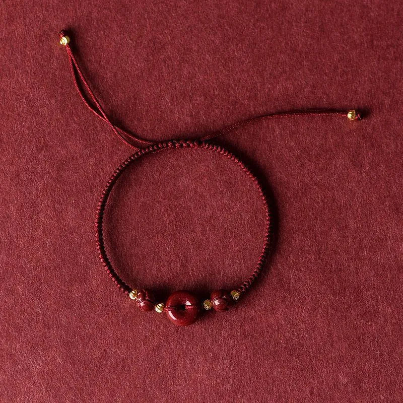 Cinnabar safety buckle bracelet with heart-shaped natural stone and adjustable rope in simple style coffee colour