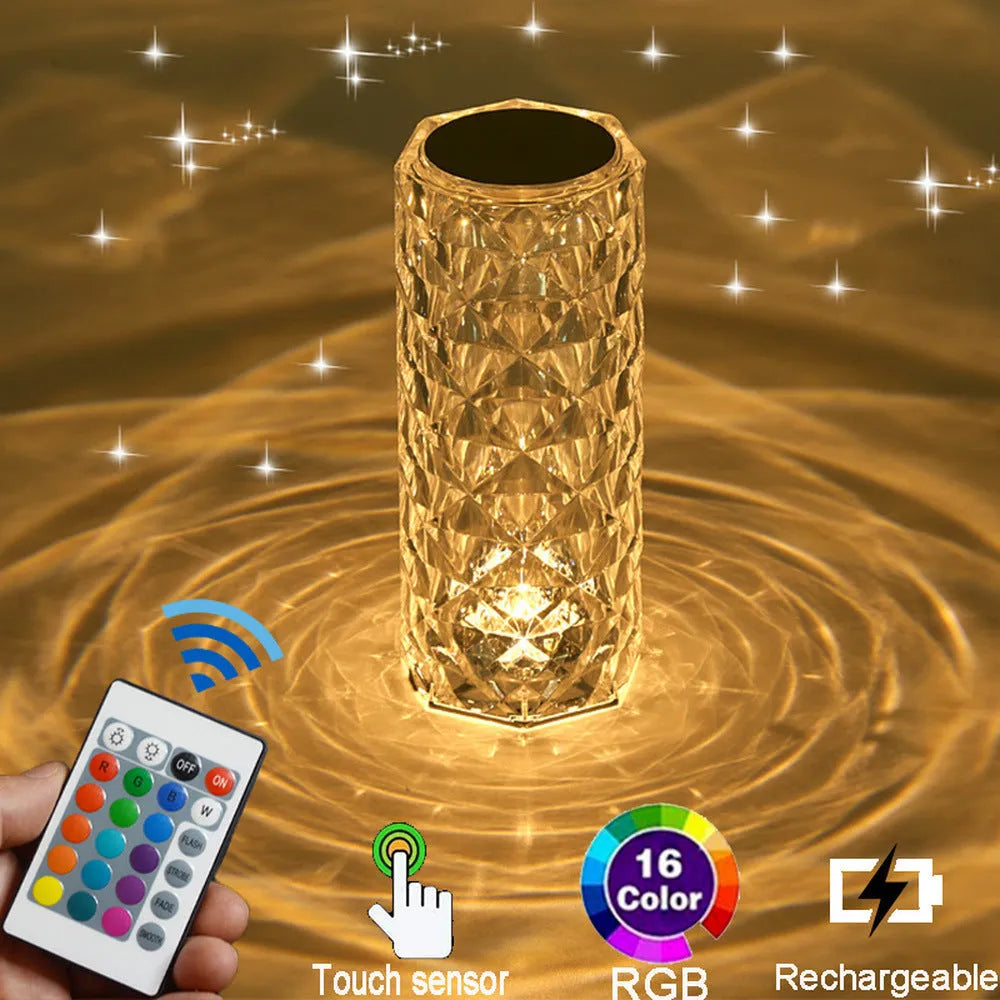 Creative Crystal Diamond Table Lamp with RGB16 colour touch controls and rechargeable battery on a bedside table