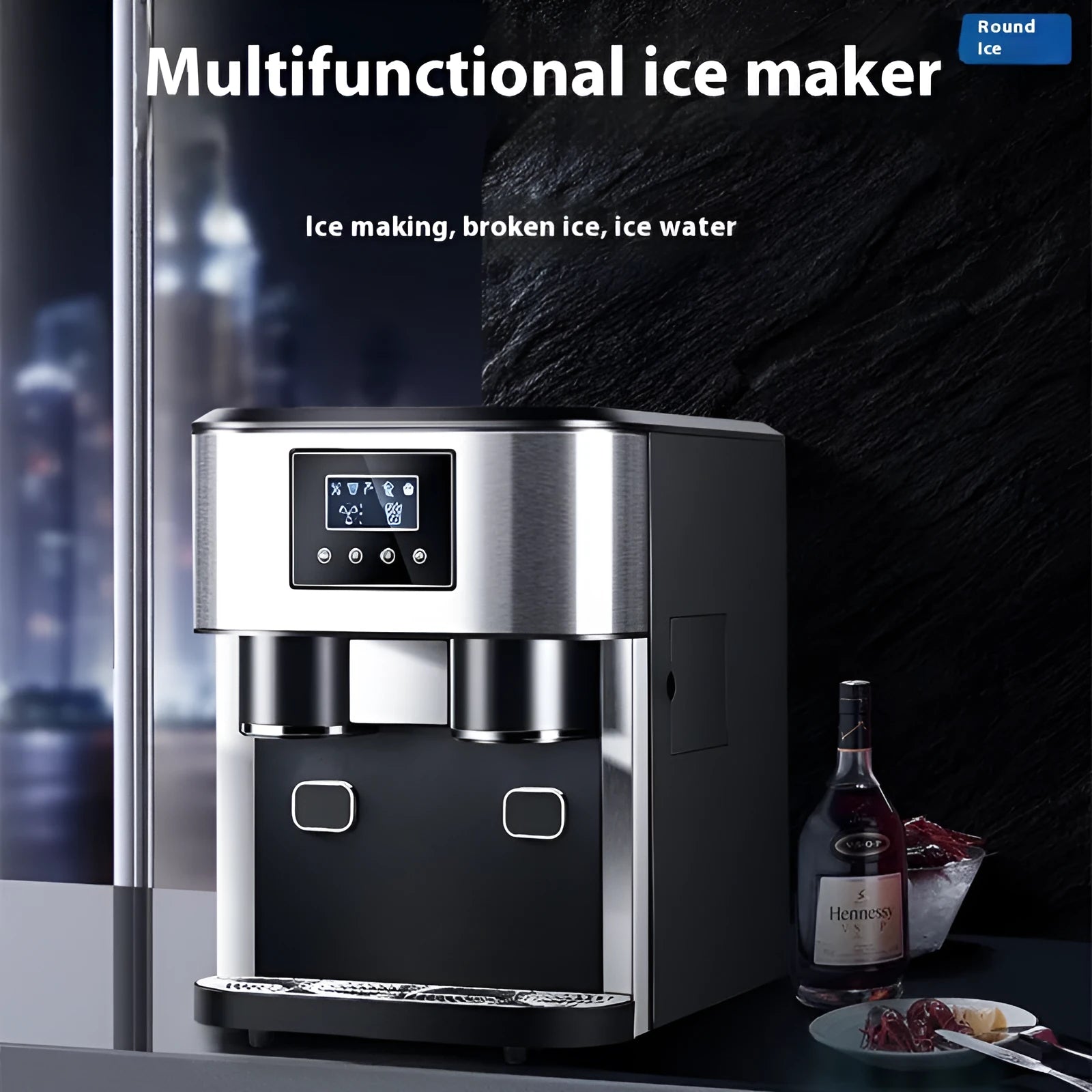 Black desktop 16kg ice maker with stainless steel bin and ice crushing function