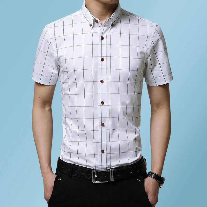 Men's red plaid short sleeve slim fit shirt with cotton blend fabric on a hanger