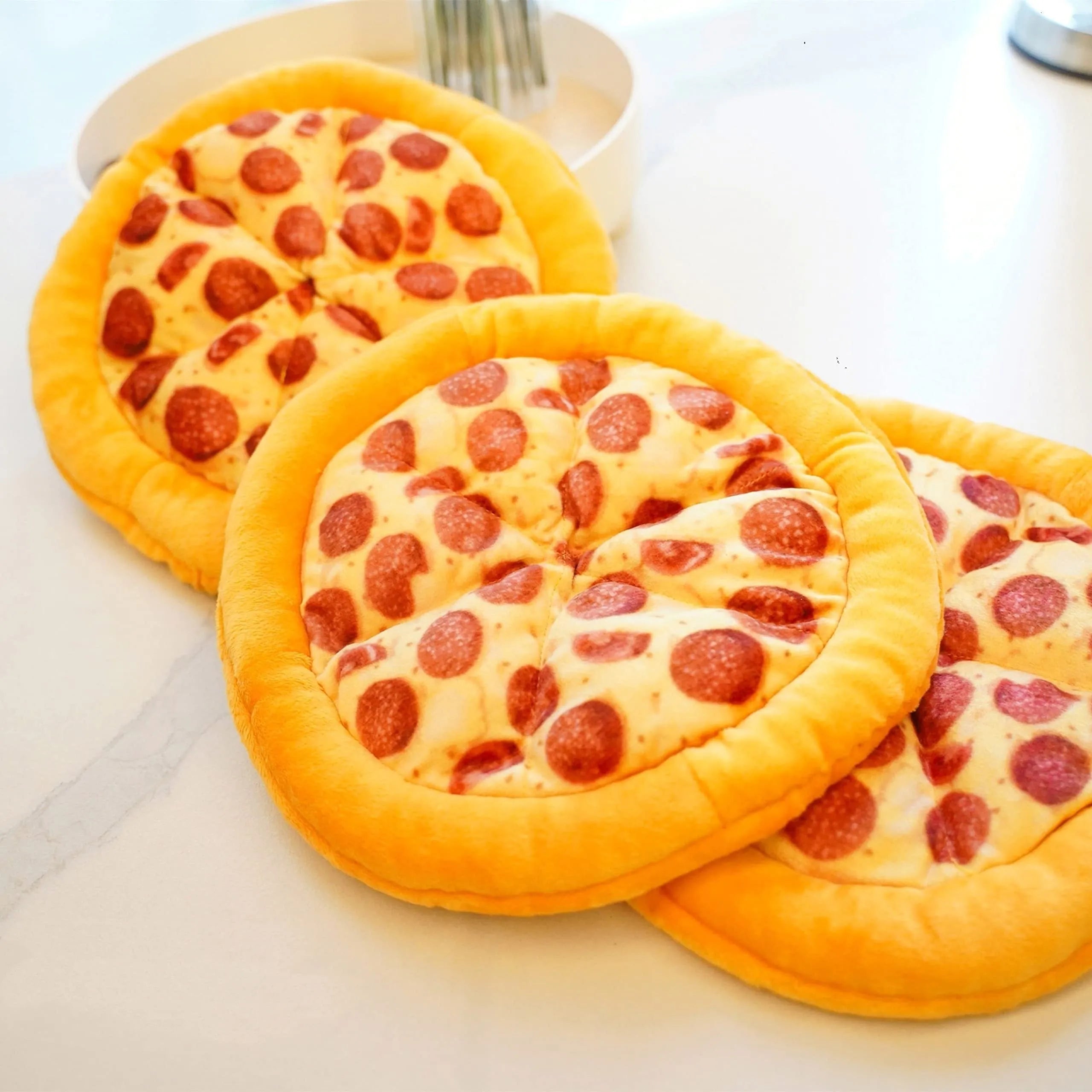 Yellow pizza slice dog chewing toy with squeaker for small to medium dogs