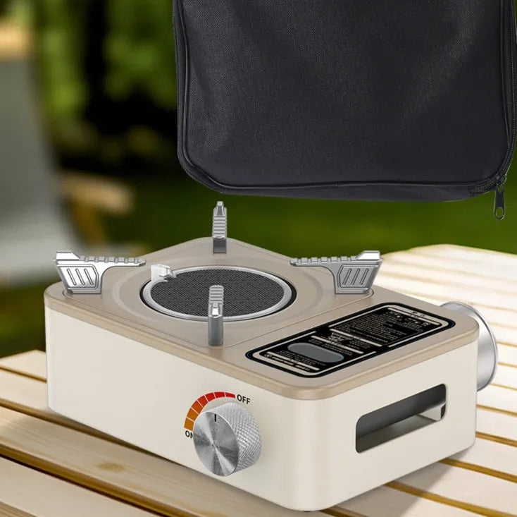 White portable infrared gas stove with no open flame, windproof heat gathering design for outdoor camping