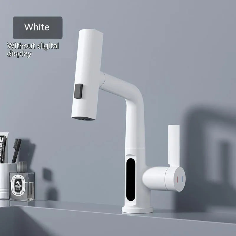 Intelligent digital display pull-out basin faucet with LED temperature screen, copper finish, and 60cm hose
