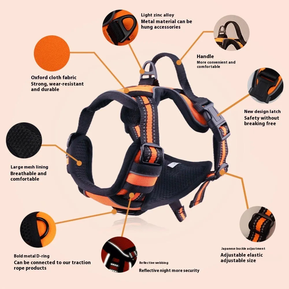 Adjustable Oxford cloth dog chest strap harness in multiple colours with chain ring for lead attachment