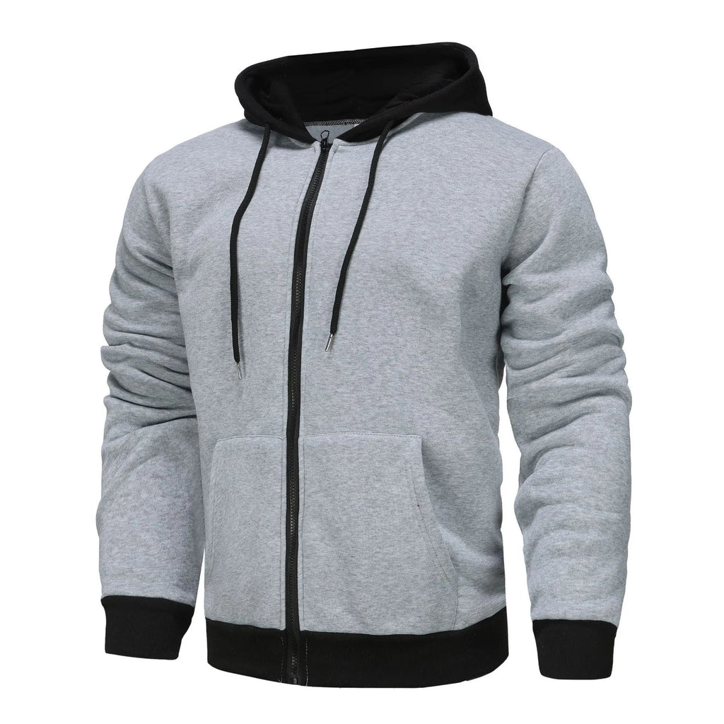 Men's zipper hoodie cardigan with wool lining, polyester fibre, size patch pocket, black with light gray hat