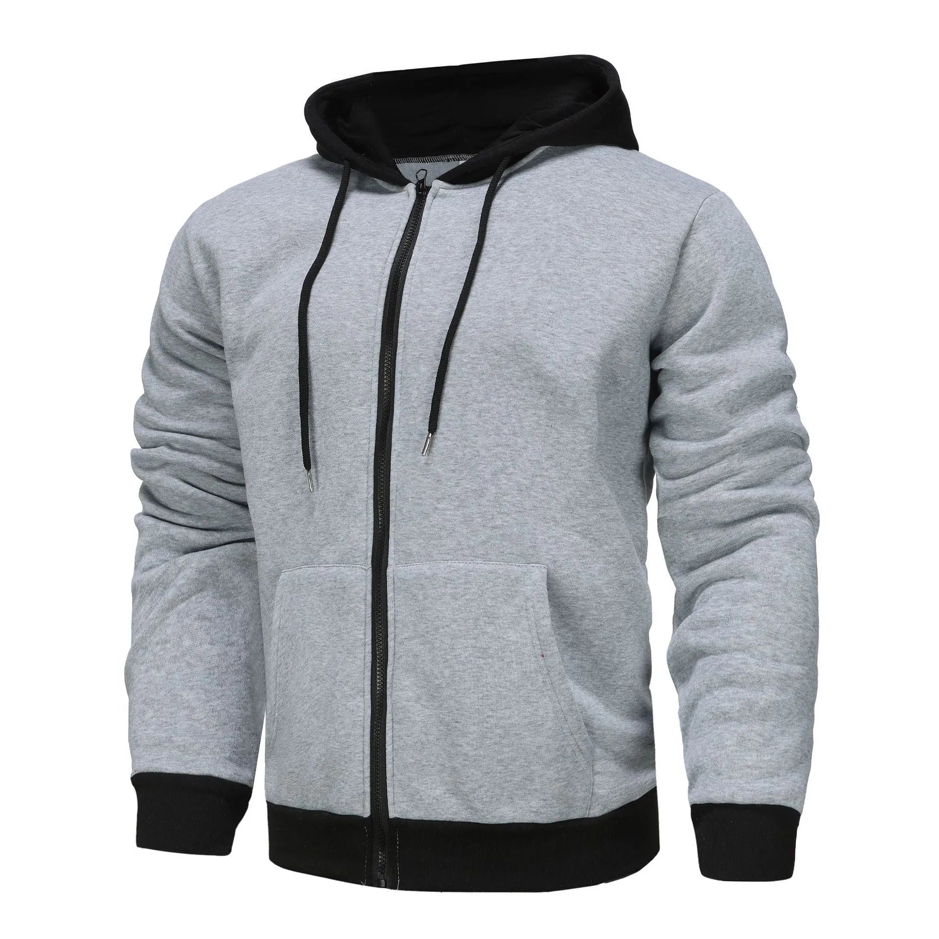 Men's zipper hoodie cardigan with wool lining, polyester fibre, size patch pocket, black with light gray hat