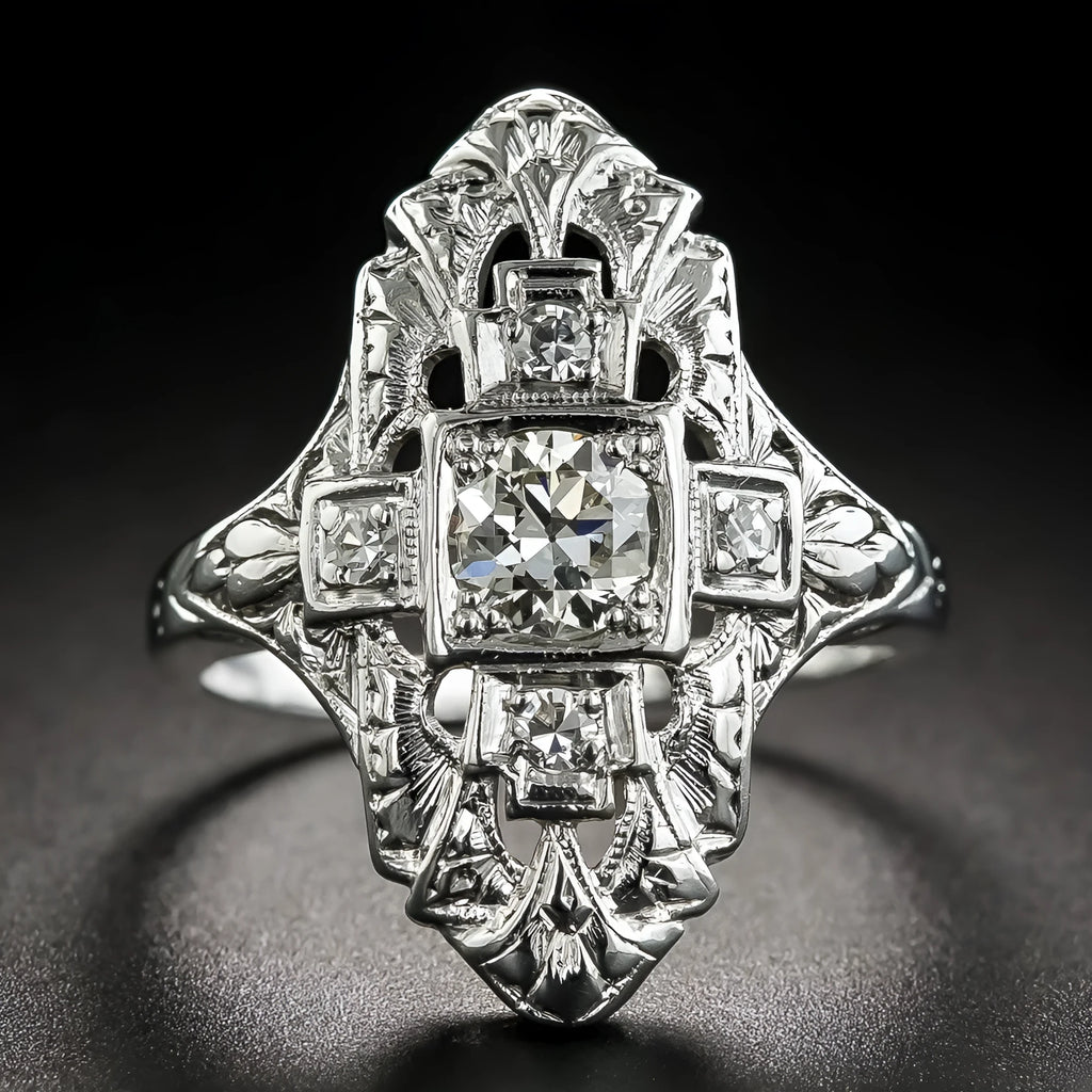 Hollow out geometric silver-colour ring with diamond studs on copper base.