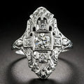 Hollow out geometric silver-colour ring with diamond studs on copper base.