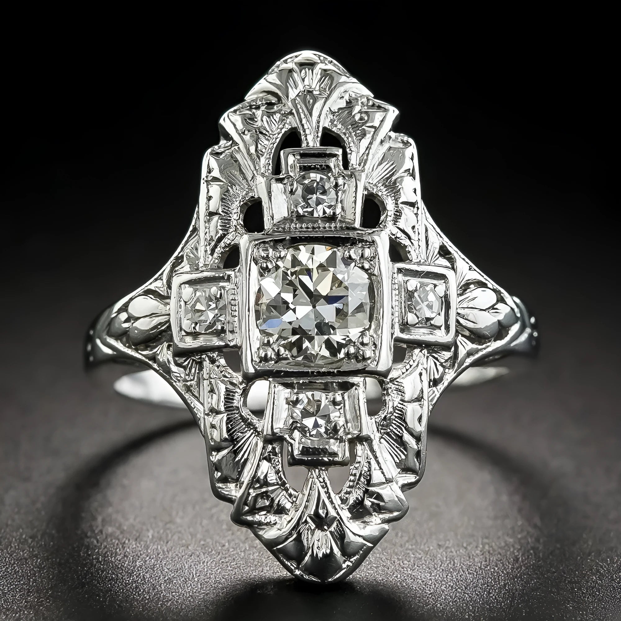 Hollow out geometric silver-colour ring with diamond studs on copper base.