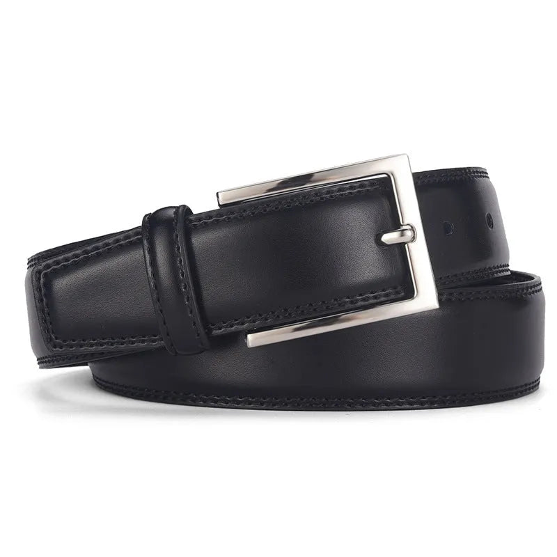 Men's black genuine leather belt with silver alloy pin buckle, showing adjustment holes and patent leather finish.