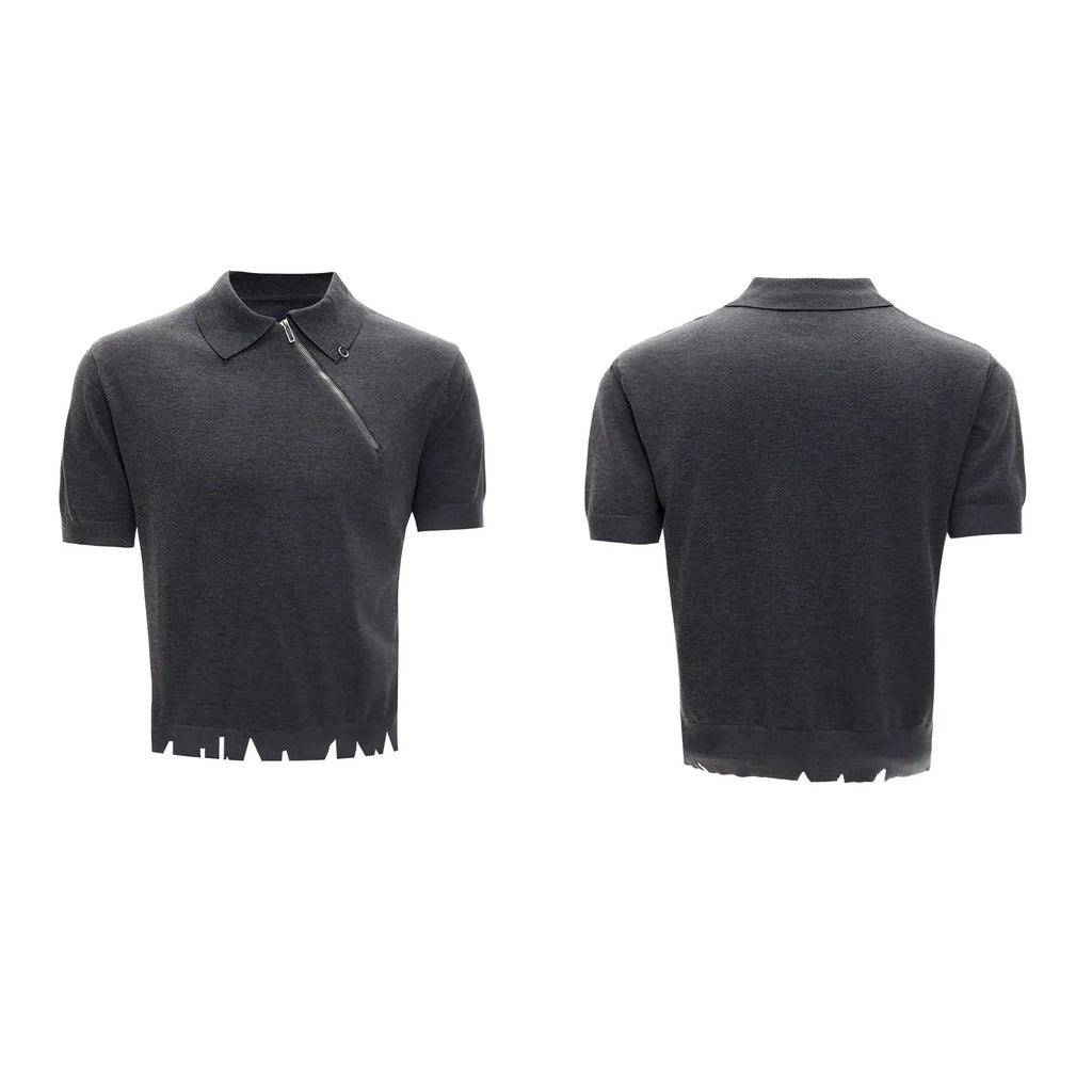 Slim fit grey knitted polo shirt with an oblique diagonal zip and short sleeves on a mannequin.