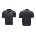 Slim fit grey knitted polo shirt with an oblique diagonal zip and short sleeves on a mannequin.
