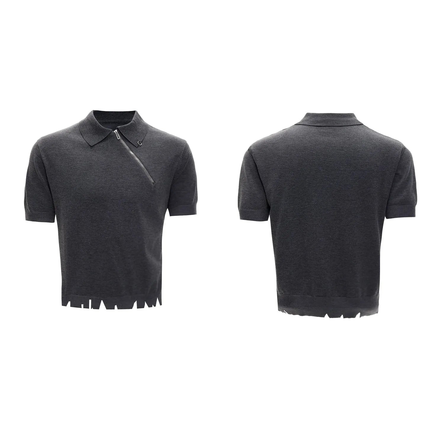 Slim fit grey knitted polo shirt with an oblique diagonal zip and short sleeves on a mannequin.