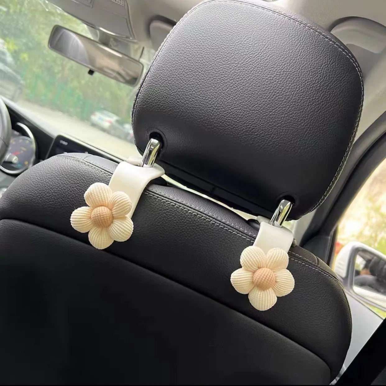 Plastic car seat hook in white Xuan Ya flower colour, 11x5.5cm, for hanging storage on seat back