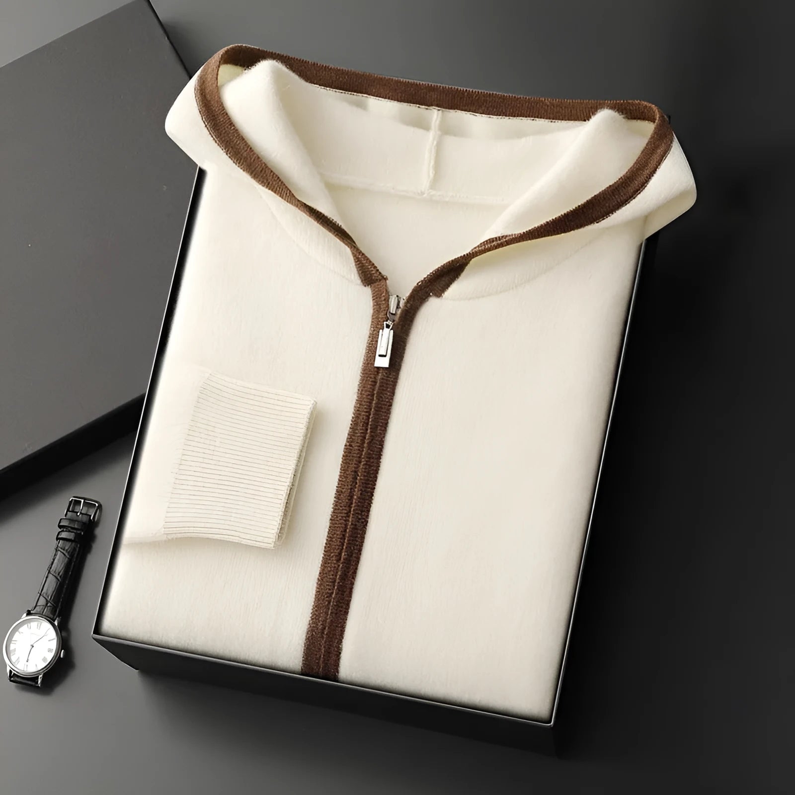 Casual zip-up hooded cashmere cardigan sweater in light gray, loose fit, thickened knit, youth styling