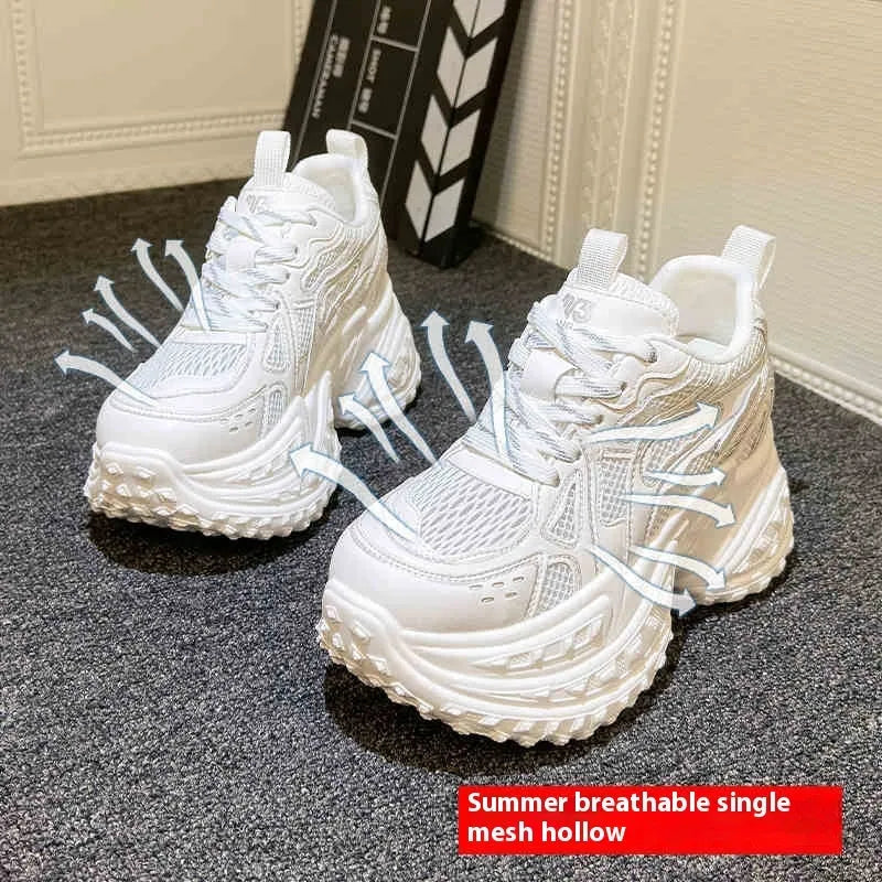 White women's height increasing lace-up dad shoes with 8cm heel and round toe