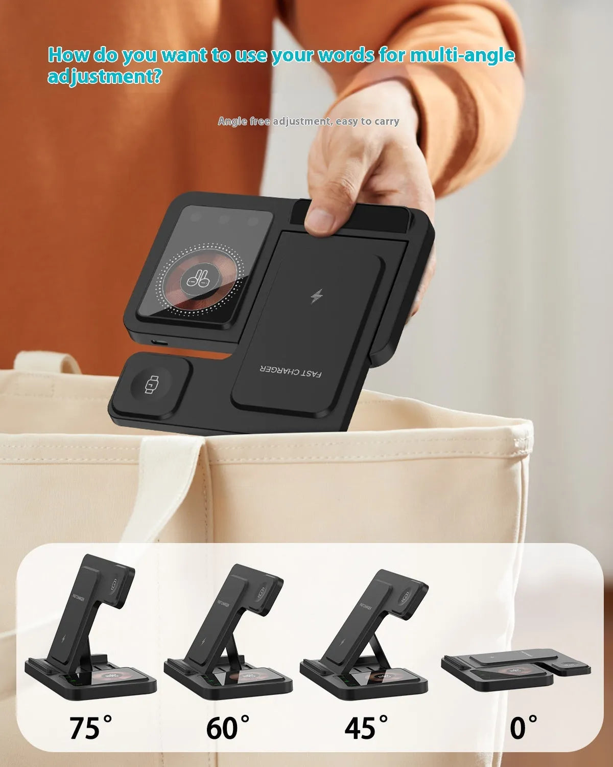 Three-in-one foldable wireless charger for iPhone and Apple Watch with transparent design in black