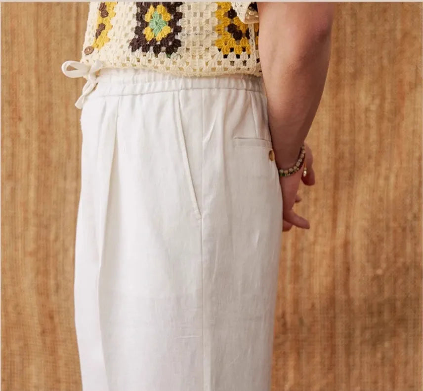 Linen straight-leg trousers with elasticated high waistband in greige colour