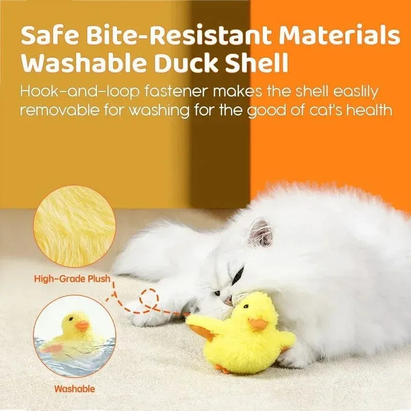 Yellow polyester plush electric duck cat toy with a USB charging cable.