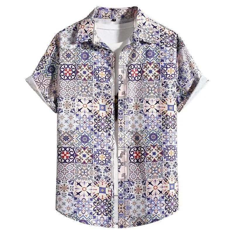 Men's slim fit Hawaiian short sleeve shirt with digital print in colour option R5R9, front view