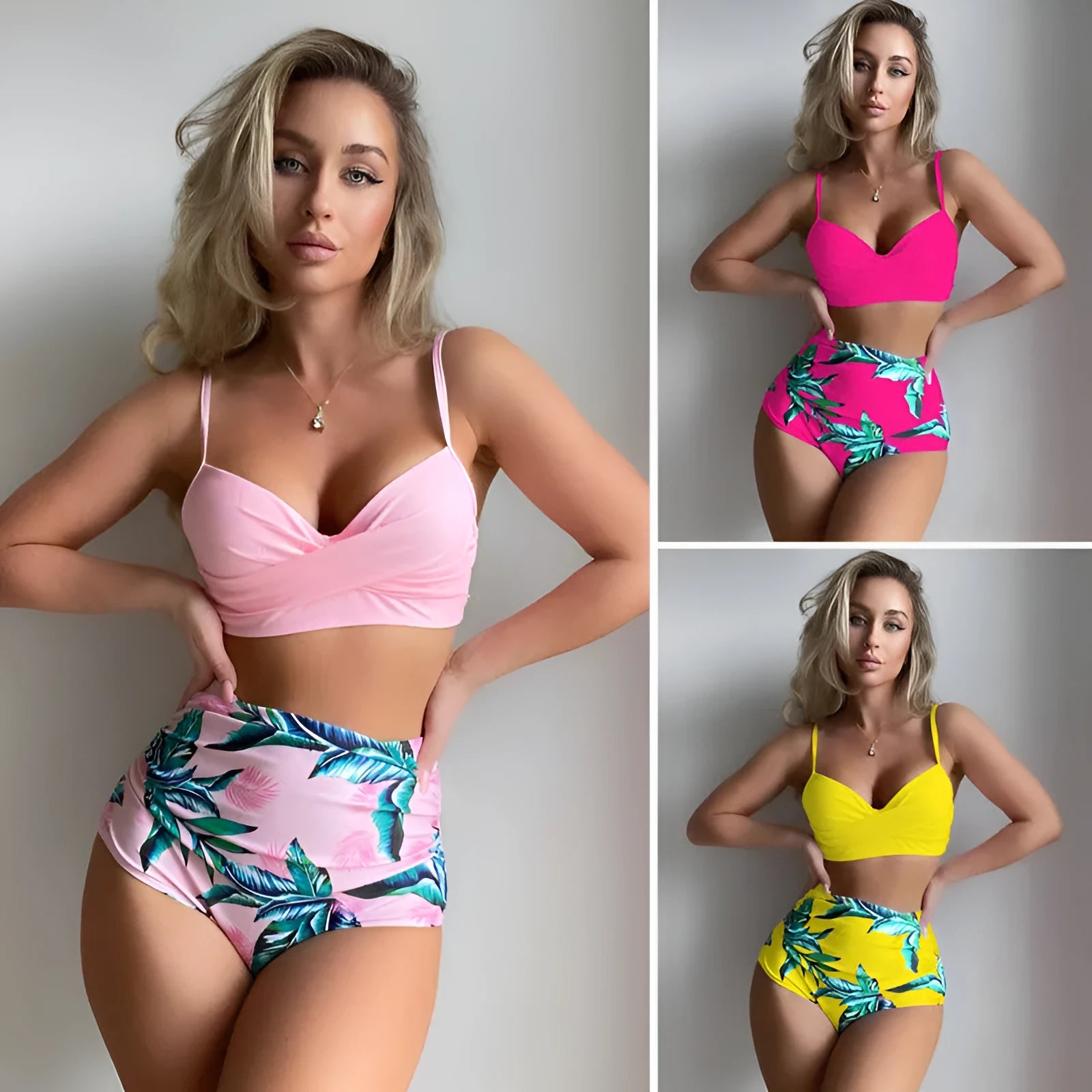 Women's steel bracket push up high waist printed split bikini set in pink floral pattern