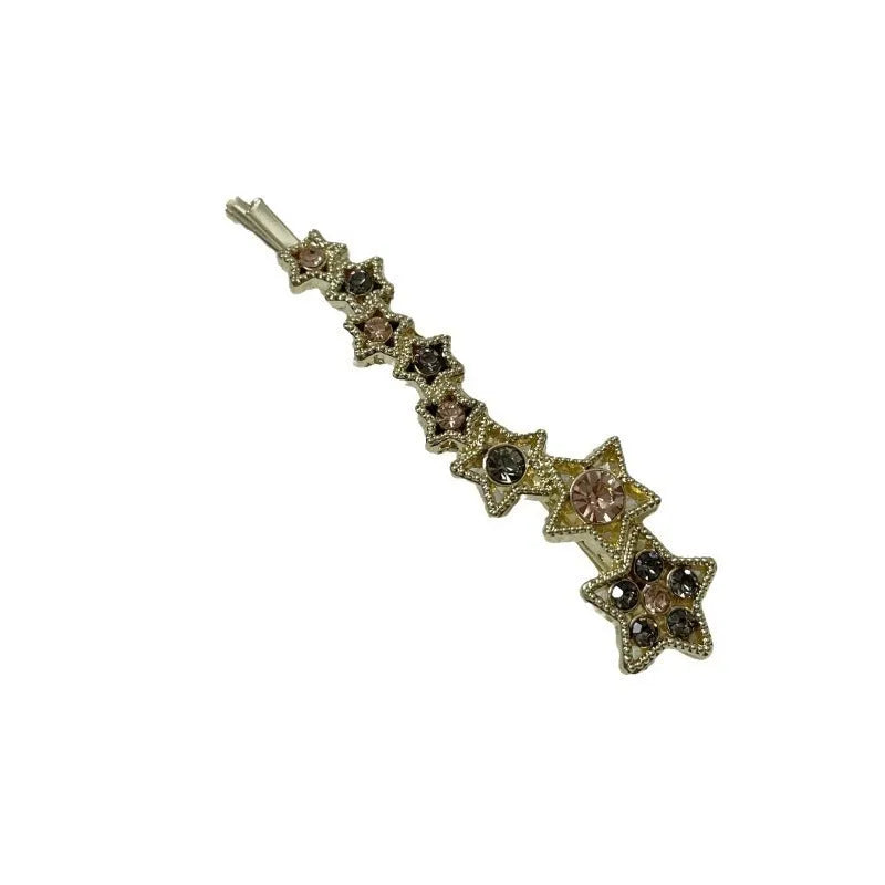 Gold electroplated alloy barrette clip with five-pointed star rhinestone design for bangs and hair sections