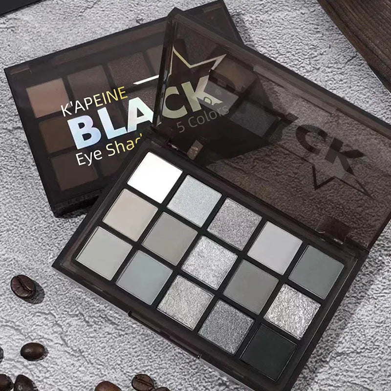 15-color eyeshadow palette open showing brown, blue, and earth tone shades