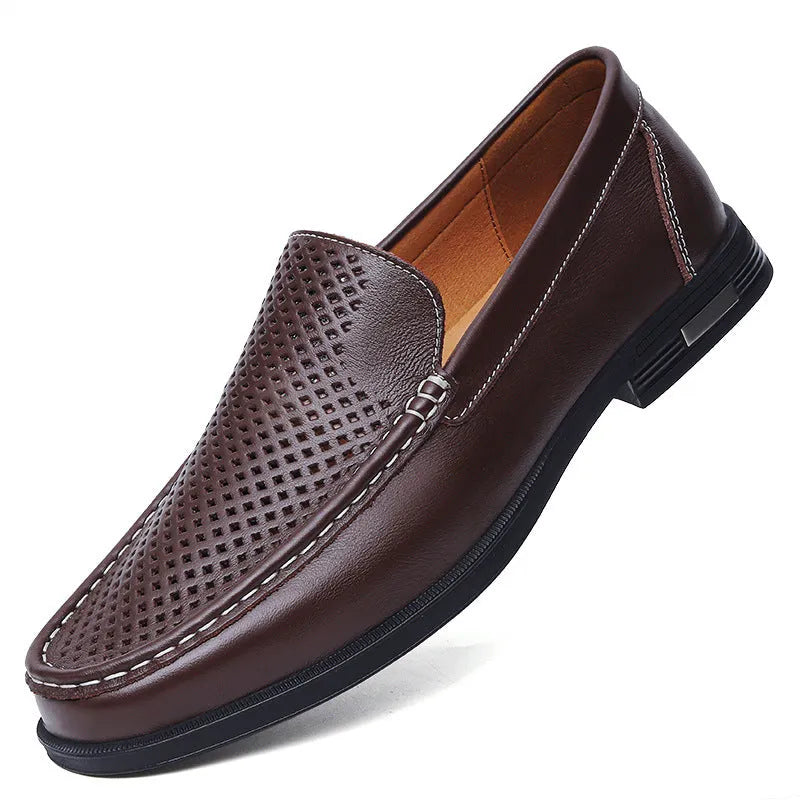 Breathable brown leather casual shoes for men with round toe, car-stitching detail, and leather covers