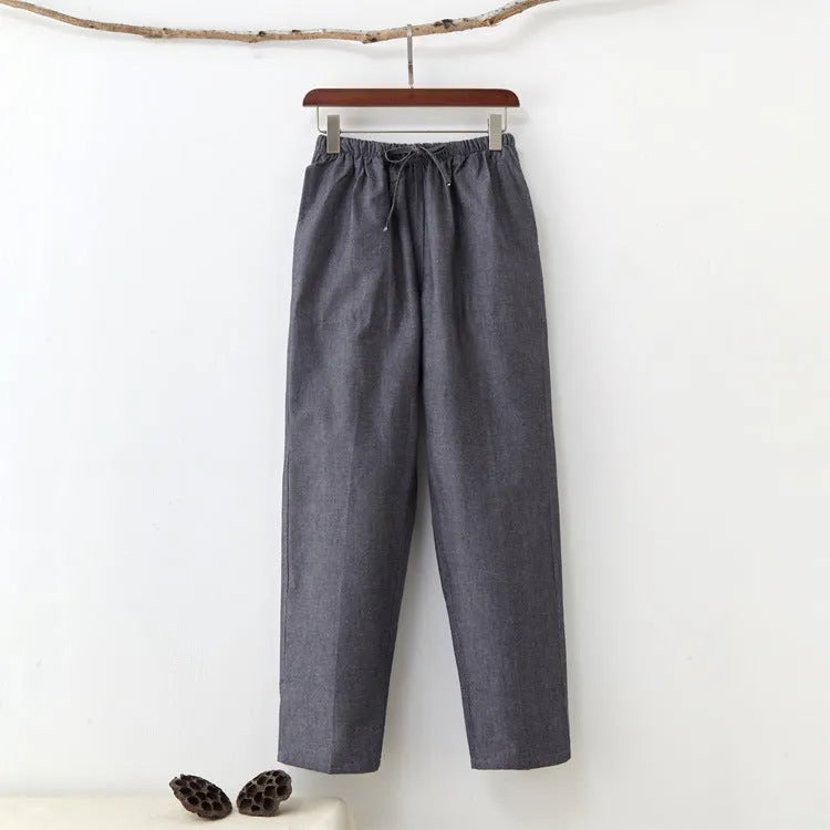 Men's solid colour pure cotton coarse fabric casual pants in beige with drawstring waist and mid rise