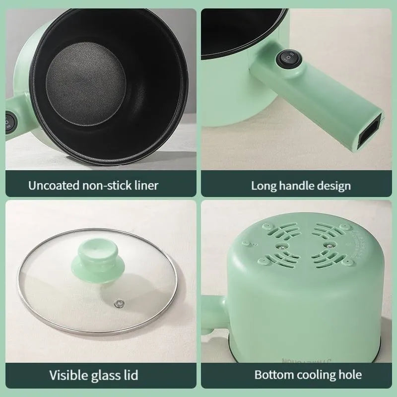 Mini hot pot electric cooker with stainless steel body, non-stick pot, available in green, compact size 12.7x17x15 cm
