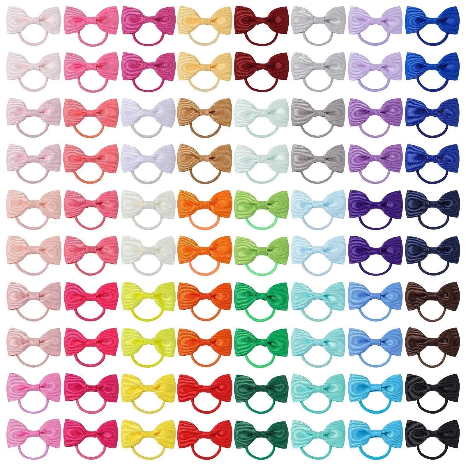 80 piece set of baby hair ties with multi-coloured grosgrain ribbon bows on soft elastic bands