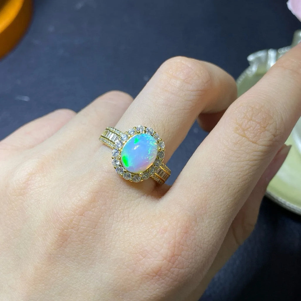 Natural opal handmade silver ring with adjustable opening band in rose gold finish