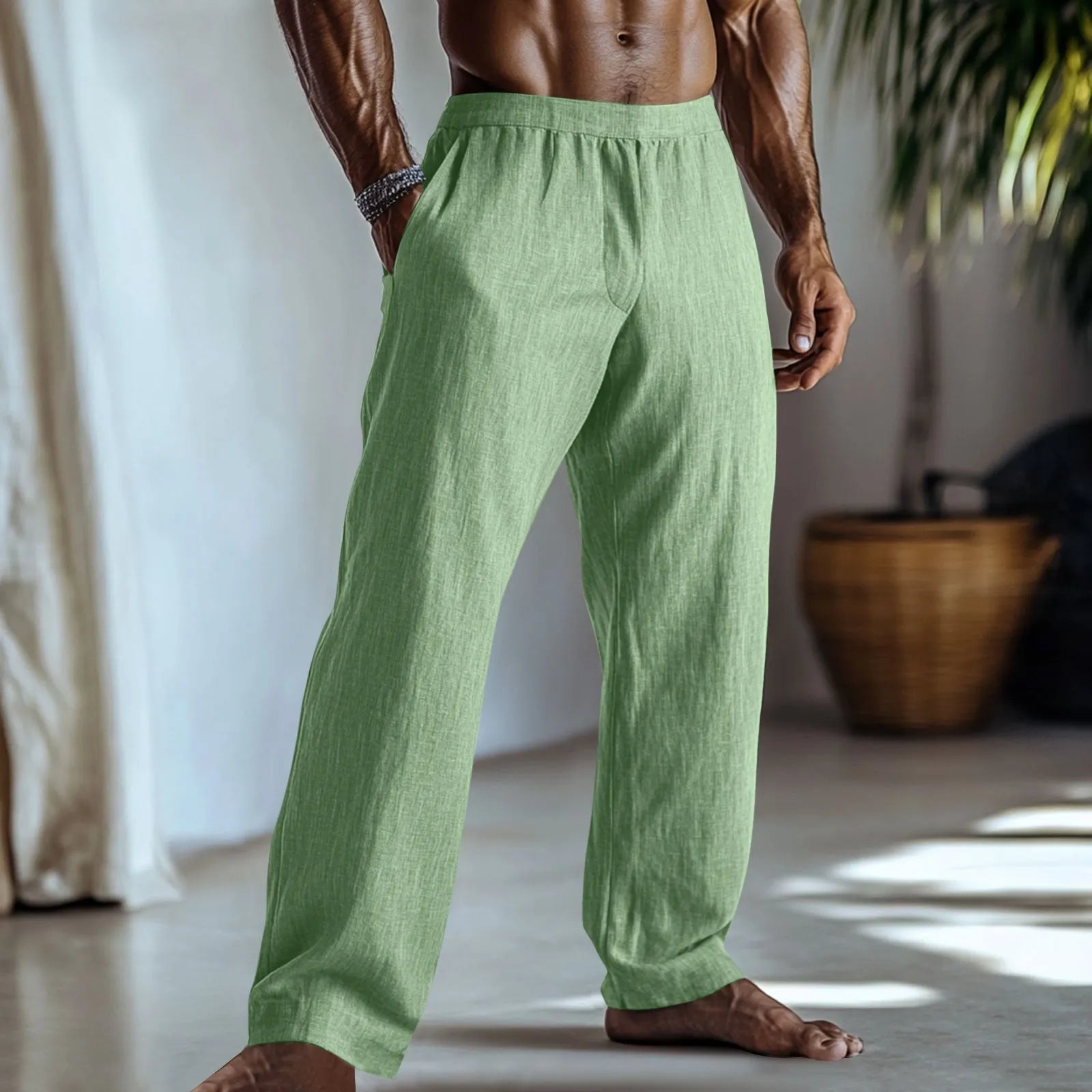 Cotton and linen straight-leg trousers in British style with side pockets available in multiple colours