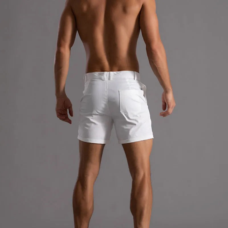 Men's cotton button beach shorts with pockets, straight leg, available in various colours