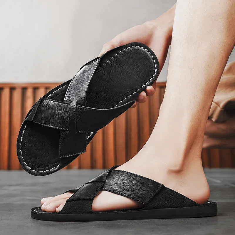 Men's genuine leather slip-on beach sandals in black with pigskin upper and rubber sole