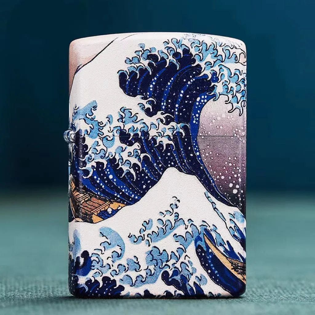 Colored lacquer windproof lighter with Kanagawa surf design, steel inner liner, copper housing, 58x39mm