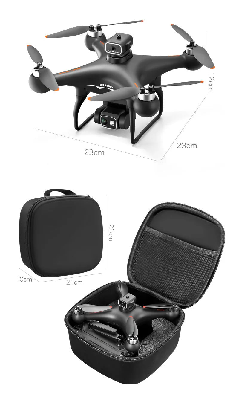 Black brushless motor drone with four obstacle avoidance sensors and dual HD cameras for aerial photography