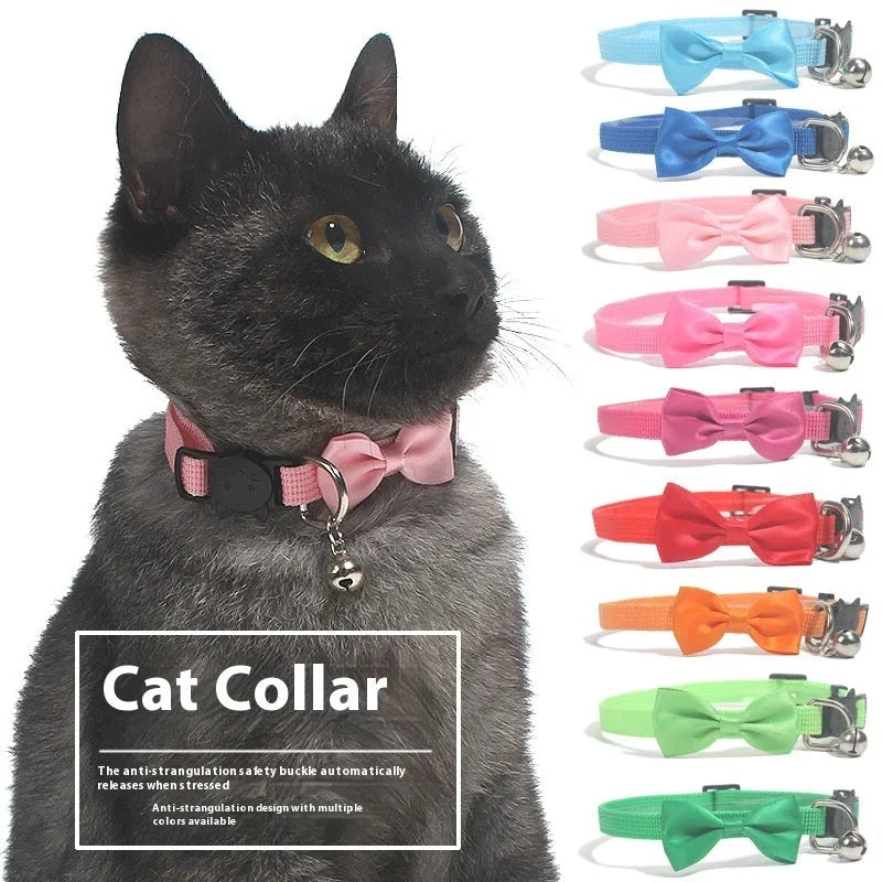 Adjustable nylon cat collar with bell decoration in multi-colour striped design