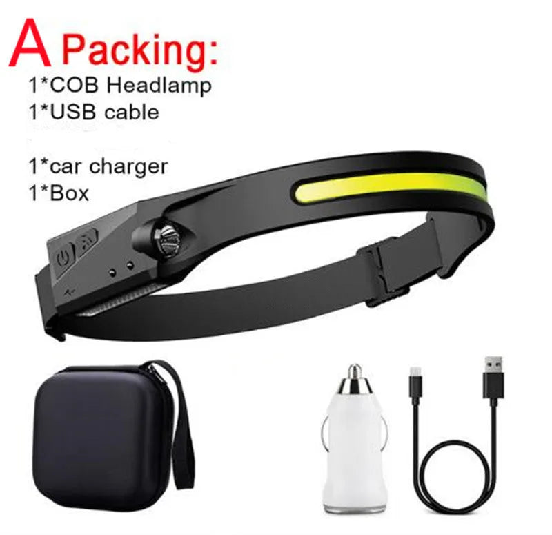 COB LED induction headlamp with wave sensor, silicone headband, USB rechargeable, 230 degree wide angle front beam and separate side LED for 100m long distance